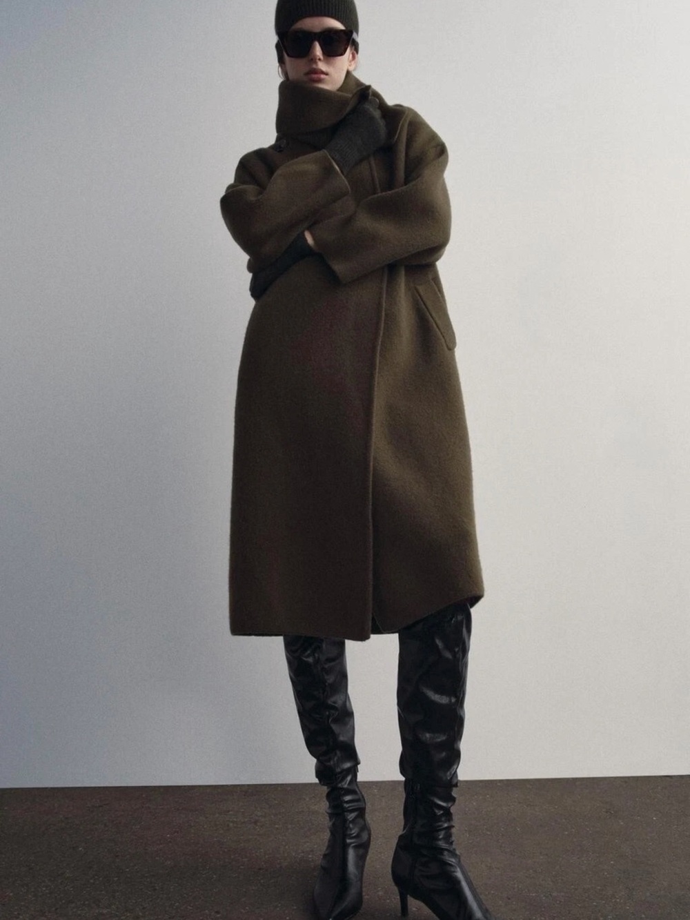 Zara Olive Green Long Wool Coat